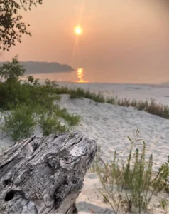 A close-up of a weathered piece of wood in the foreground, with a sandy beach and gentle waves in the background. The sun is setting over the horizon, casting a warm glow on the water.