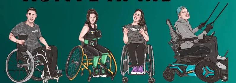 An illustration featuring four individuals in various wheelchairs and adaptive equipment, showcasing diversity in abilities. They are posed confidently against a teal background, emphasizing empowerment.