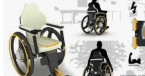 An illustration of a modern wheelchair design showcasing three angles. The wheelchair features large wheels and is depicted with a user in motion, highlighting its functional components.