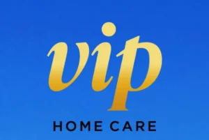Logo of VIP Home Care, featuring the word 'vip' in stylized gold letters above 'HOME CARE' in black, set against a blue background.