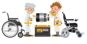 Two cartoonish scientists working on a motor, standing beside a manual wheelchair and an electric wheelchair. A battery is placed between them with a voltage label, illustrating a project to enhance mobility aids.