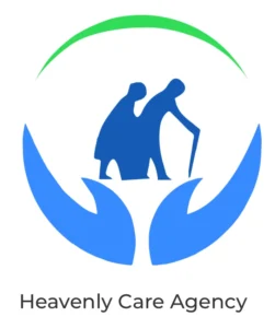 Logo of Heavenly Care Agency featuring two stylized figures, one with a cane, standing on a blue hand symbol, encircled by green and blue elements.