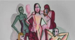 An abstract illustration featuring multiple figures in various poses, rendered in soft colors. The figures are outlined in black, with some partially transparent, creating a layered effect against a light background.