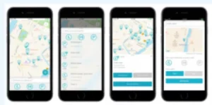 Four smartphone screens displaying a map application. The first screen shows a map with icons, the second has menu options, the third features additional map details, and the fourth displays a location summary with action buttons.