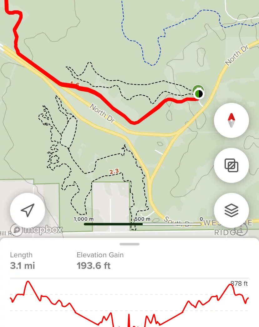 A detailed hiking trail map showing a 3.1-mile route with an elevation gain of 193.6 feet. The trail includes a figure resembling a rabbit and is marked in red. The map is oriented with North at the top.