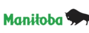 Logo featuring the word 'Manitoba' in green with a stylized black silhouette of a bison to the right.