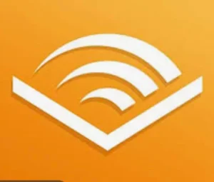 The logo of an audiobook service featuring a stylized white graphic of sound waves over an orange background.