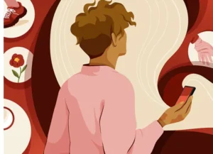 A person with curly hair holding a smartphone, facing away. The background features circular icons of shoes, flowers, and gloves, set against a red and beige color scheme.