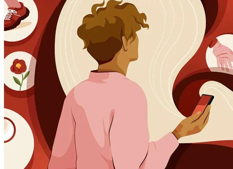 A person with curly hair holding a smartphone, facing away. The background features circular icons of shoes, flowers, and gloves, set against a red and beige color scheme.