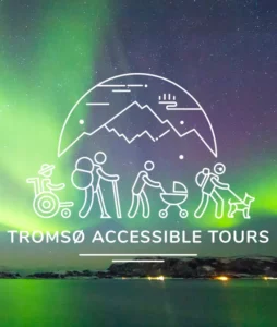 A stylized graphic representing Tromsø Accessible Tours, featuring icons of a person in a wheelchair, hikers, a stroller, and a dog, set against a backdrop of northern lights over a dark landscape.