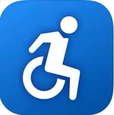 A blue square icon featuring a stylized figure in a wheelchair, symbolizing accessibility.