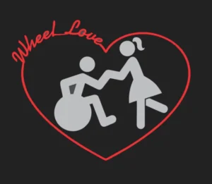 A graphic featuring a heart outline with text saying 'Wheel Love'. Inside the heart, a figure in a wheelchair reaches for a figure in a dress, highlighting themes of inclusion and connection. This image relates to Wheelchair Date Ideas.