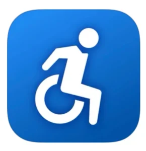 A white colored wheelchair icon with blue background