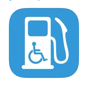 Icon of a fuel pump with a wheelchair symbol, indicating accessibility for disabled individuals at gas stations.