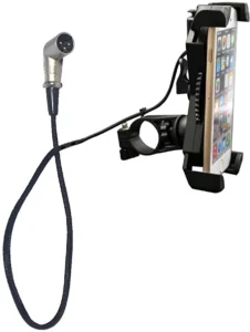 A mobile phone mounted on a holder, with a cable attached to a connector on one side. The holder is designed for use with bicycles or stands, showcasing a flexible approach for secure phone access.