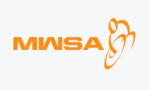 Logo featuring the letters 'MWSA' in bold orange font, accompanied by a stylized figure in motion, also in orange, against a light gray background.