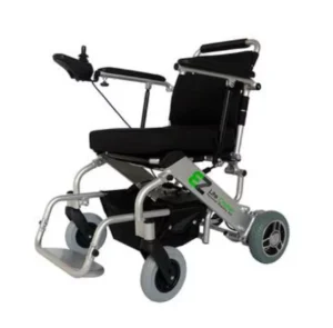 An electric wheelchair with a black seat, armrests, and footrests. It features a lightweight frame, a control panel on the armrest, and smooth wheels, designed for easy mobility.