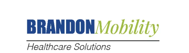 Logo of Brandon Mobility, featuring the word 'BRANDON' in bold blue letters and 'Mobility' in a lighter green color, followed by the phrase 'Healthcare Solutions' in a simple font below.