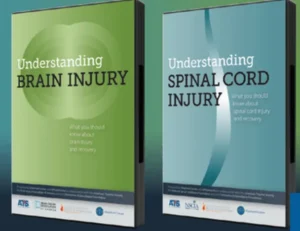 Two educational book covers side by side: one titled 'Understanding BRAIN INJURY' in green, and the other 'Understanding SPINAL CORD INJURY' in blue, both highlighting key information about injuries and recovery.