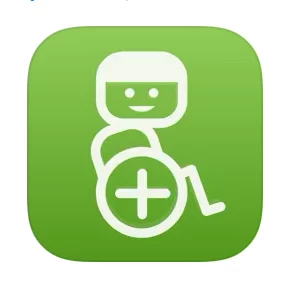 A green square icon featuring a white outline of a smiling person sitting in a wheelchair, with a plus sign in front.