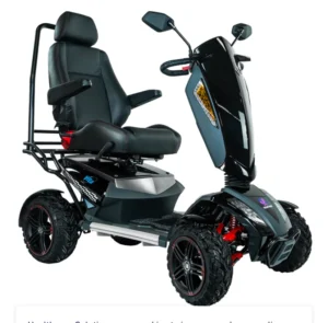A black mobility scooter with a comfortable seat, designed for outdoor use. It features large wheels and a sleek frame, positioned on a white background.