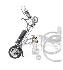A manual wheelchair attachment displayed beside a folding walking aid. The wheelchair attachment features a small wheel, motor, and hand controls, demonstrating mobility assistance technology.