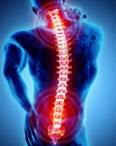 A digital illustration of a human spine with highlighted areas indicating potential injury or pain. The image focuses on the back of a person, showcasing the vertebrae clearly against a blue background, emphasizing the spinal cord injury diagram.
