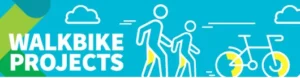 A graphic promoting "WalkBike Projects" featuring simplistic outlines of two people walking and a bicycle on a bright blue background with clouds.