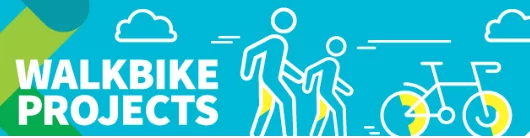 A graphic promoting "WalkBike Projects" featuring simplistic outlines of two people walking and a bicycle on a bright blue background with clouds.