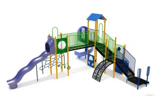 A colorful playground structure featuring multiple slides, a climbing ramp, and ladders. The structure is primarily green and purple, set against a white background.