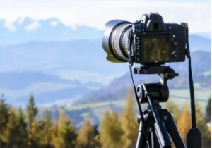 A DSLR camera mounted on a tripod, facing a scenic mountainous landscape with trees in the foreground and snow-capped peaks in the distance.