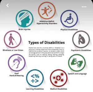 An infographic titled 'Types of Disabilities', displaying various categories including Brain Injuries, Blindness or Low Vision, Deaf or Hard-of-Hearing, Learning Disabilities, Attention-Deficit Hyperactivity Disorders, Physical Disabilities, Psychiatric Disabilities, and Speech and Language. The design includes colored icons for visual clarity.