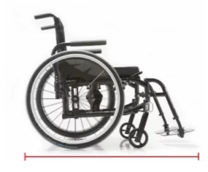 Side view of a black manual wheelchair with large rear wheels and footrests, showcasing its design and features. The image illustrates details relevant to wheelchair resources and accessories.
