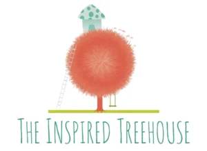 A stylized illustration of a tree with a large rounded orange canopy, a blue treehouse atop, a ladder leaning against the trunk, and a swing hanging from a branch. Below the tree, the text 'The Inspired Treehouse' is displayed in a playful font.