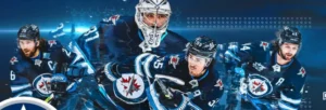 A digital collage featuring Winnipeg Jets players on the ice in action, including a goalie wearing equipment, in blue jerseys. The background has a mix of blue tones and digital elements. This image highlights Winnipeg Jets at Accessibility Canada Life Centre.
