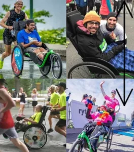 A collage of four images featuring participants in a running event. In the top left, a man races in a wheelchair. The top right shows two men smiling, one wearing a yellow hat. The bottom left depicts a child in a wheelchair being pushed by a runner. The bottom right features a group celebrating at the finish line.