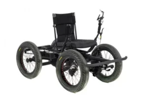 A four-wheeled all-terrain wheelchair with large tires, a black seat, and handlebars. The wheelchair is designed for outdoor use, featuring a robust frame and durable wheels for stability.