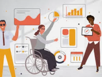 Three individuals, including one in a wheelchair, actively engaging with various data visualizations like graphs and charts in a bright workspace.