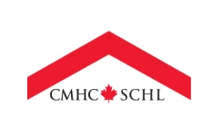 Logo featuring a red roof design with a maple leaf at its center, along with the letters "CMHC" and "SCHL" in black below. The design represents Canadian Mortgage and Housing Corporation.