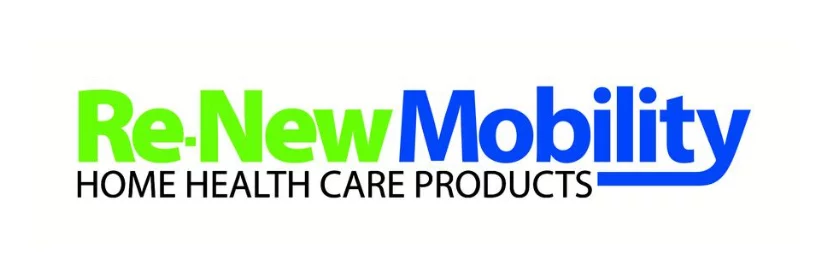 Logo of Re-New Mobility featuring the name in green and blue text, with the tagline 'HOME HEALTH CARE PRODUCTS' in smaller black text below.