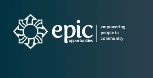 Logo for Epic Opportunities featuring a circular design with radiating lines next to the word "epic" and the phrase "empowering people in community" on a gradient blue background.