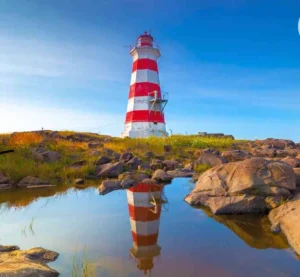 A striped red and white lighthouse standing on rocky terrain, with a clear blue sky in the background. The lighthouse is reflected in a calm pool of water nearby, surrounded by green grass and scattered rocks.