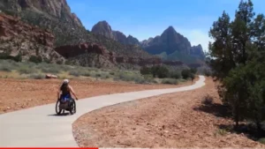 A person in a wheelchair navigating a paved path in Zion National Park. The trail curves through a desert landscape with rocky mountain formations in the background, under a clear blue sky.