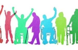 A colorful silhouette of various individuals, including people in wheelchairs and using mobility aids, expressing positivity and diversity.