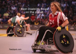 Participants competing in a wheelchair rugby match, with one athlete in a red jersey and gloves looking smiling while in motion. Text overlay reads 'Best Disability Blogs on the planet'. This image relates to a disability resources blog.
