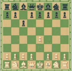 A chessboard with pieces arranged for the start of a game. The board is light and dark green, featuring black pieces on the back row and white pieces on the front row, with a pawn moved forward in the center.