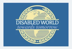Logo for Disabled World featuring a stylized globe with the text 'DISABLED WORLD' above and 'towards tomorrow' below, surrounded by a circular laurel design on a blue background.