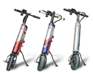 Three electric scooters with a white background