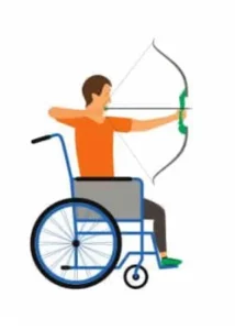 A person in a wheelchair practicing archery, drawing a bow and preparing to shoot. The individual is wearing an orange shirt and is focused on the target. This image represents Archery Manitoba Outdoor Indoor Wheel Chair Activities.
