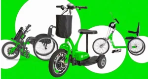 Three green electric scooters are displayed against a vibrant green background.